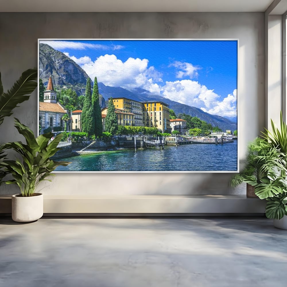 Tablou canvas cu peisaj urban pe malul lacului, in rama de aluminiu argintiu